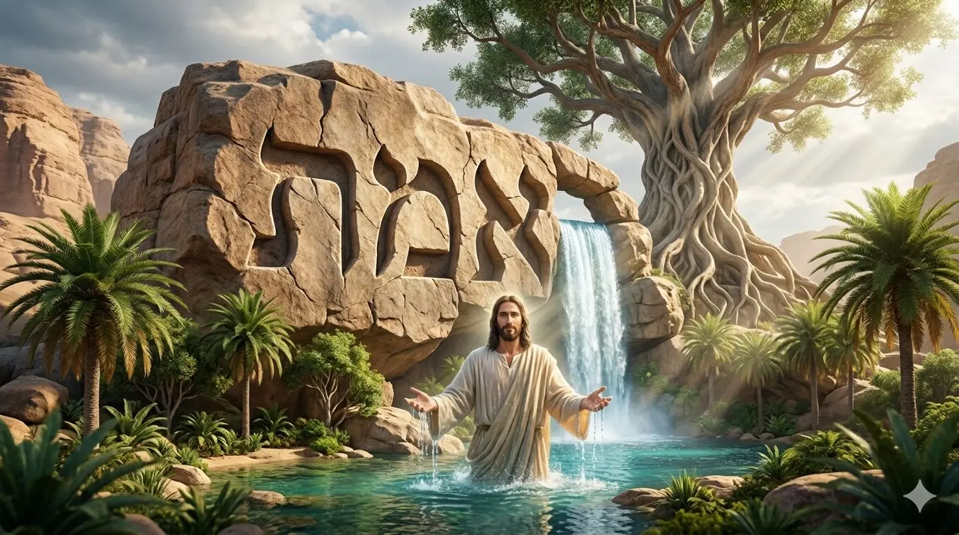 Jesus standing in living water with EMET carved in Hebrew on the rock behind Him