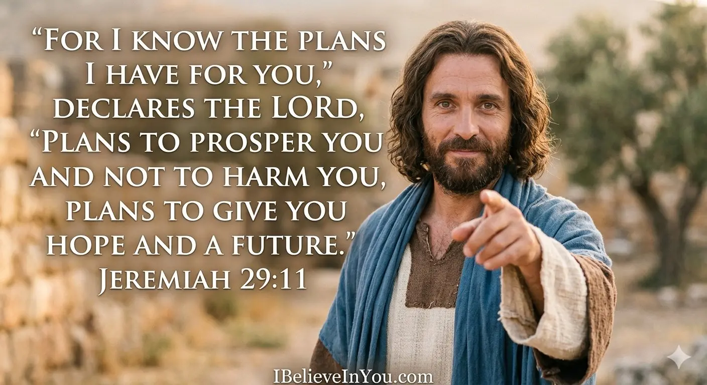 Jesus reaching out — For I know the plans I have for you, declares the LORD — Jeremiah 29:11 — IBelieveInYou.com